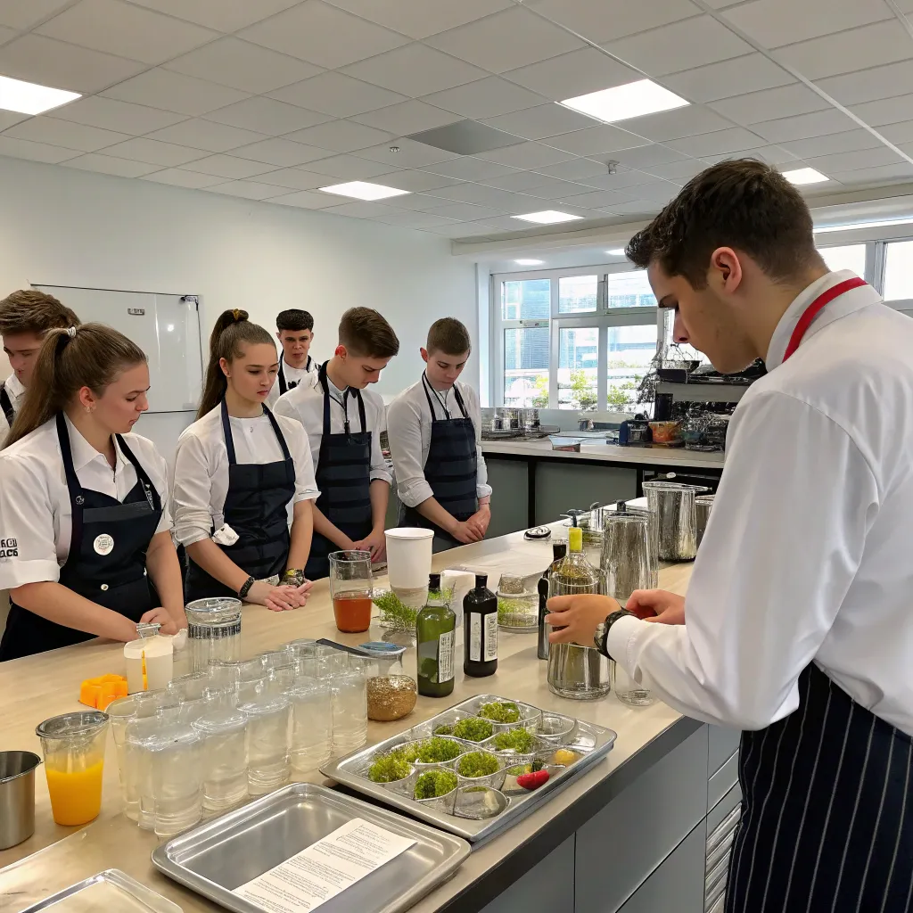 An illustration showing students learning beverage preparation